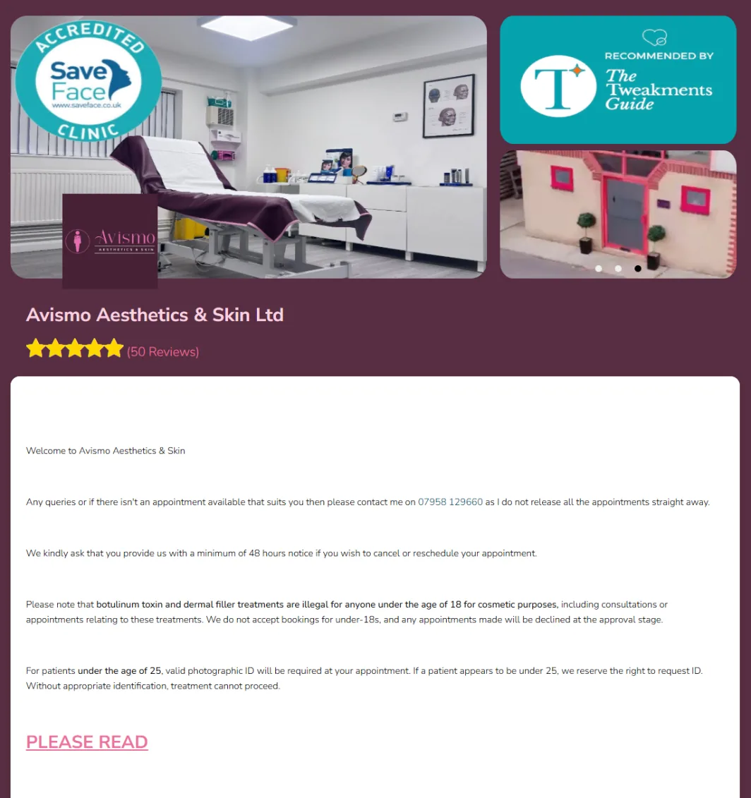 Avismo booking on Aesthetic Nurse Software: Karen's booking page