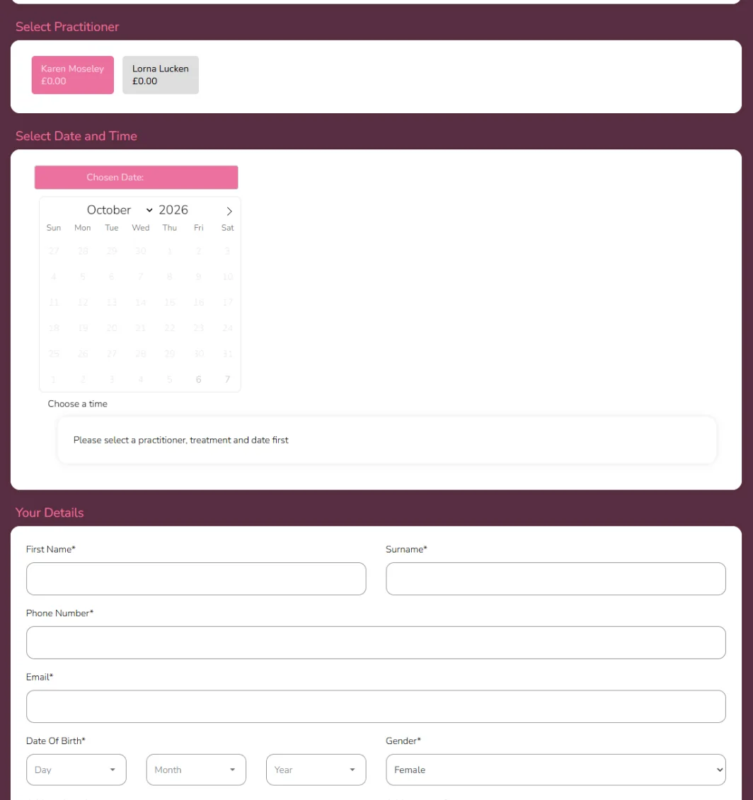 Avismo booking on Aesthetic Nurse Software: Practitioner, date and time