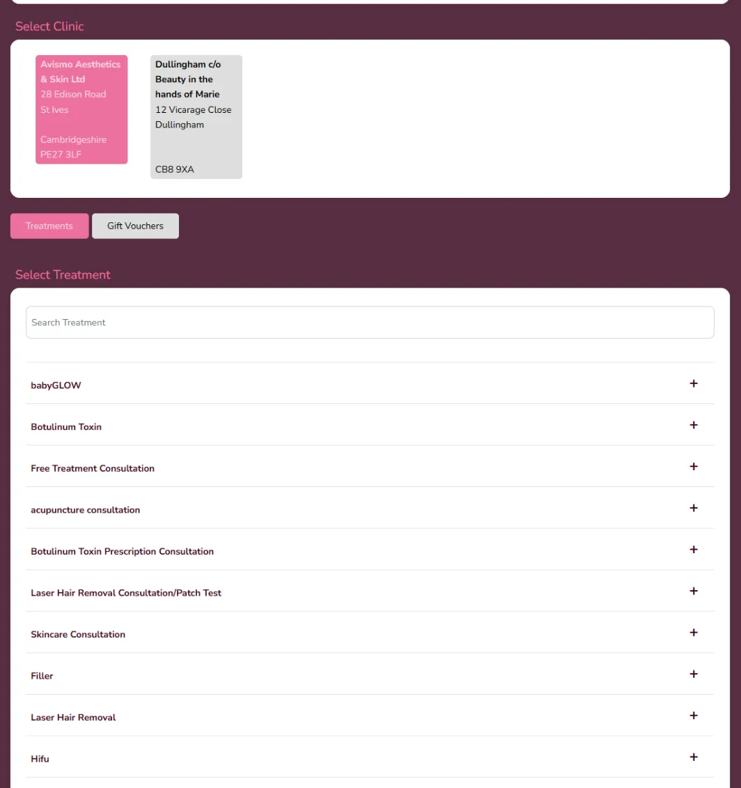 Avismo booking on Aesthetic Nurse Software: Clinic, then treatment