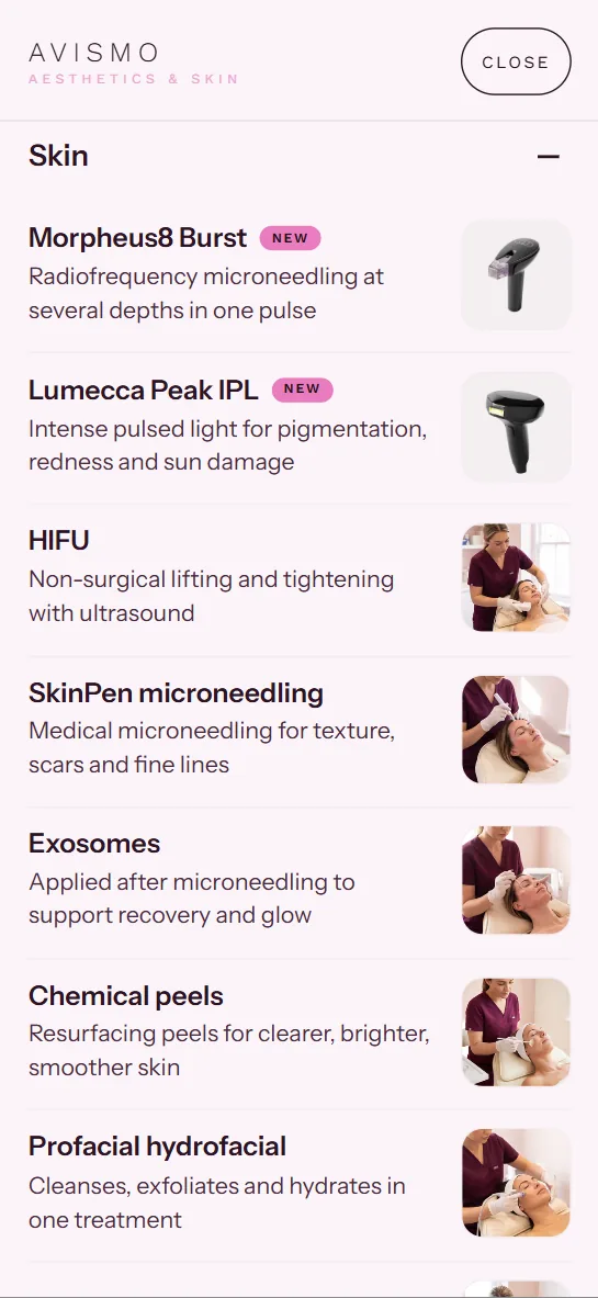 The Skin group open in the Avismo mobile menu, each treatment with a line of text and a picture