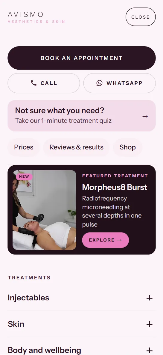 The Avismo mobile menu: Book an appointment, Call, WhatsApp, the treatment quiz and the featured Morpheus8 Burst video