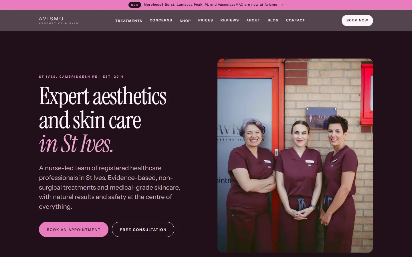 The Avismo Aesthetics home page: Expert aesthetics and skin care in St Ives, beside a photo of Karen, Lorna and Andrea outside the clinic