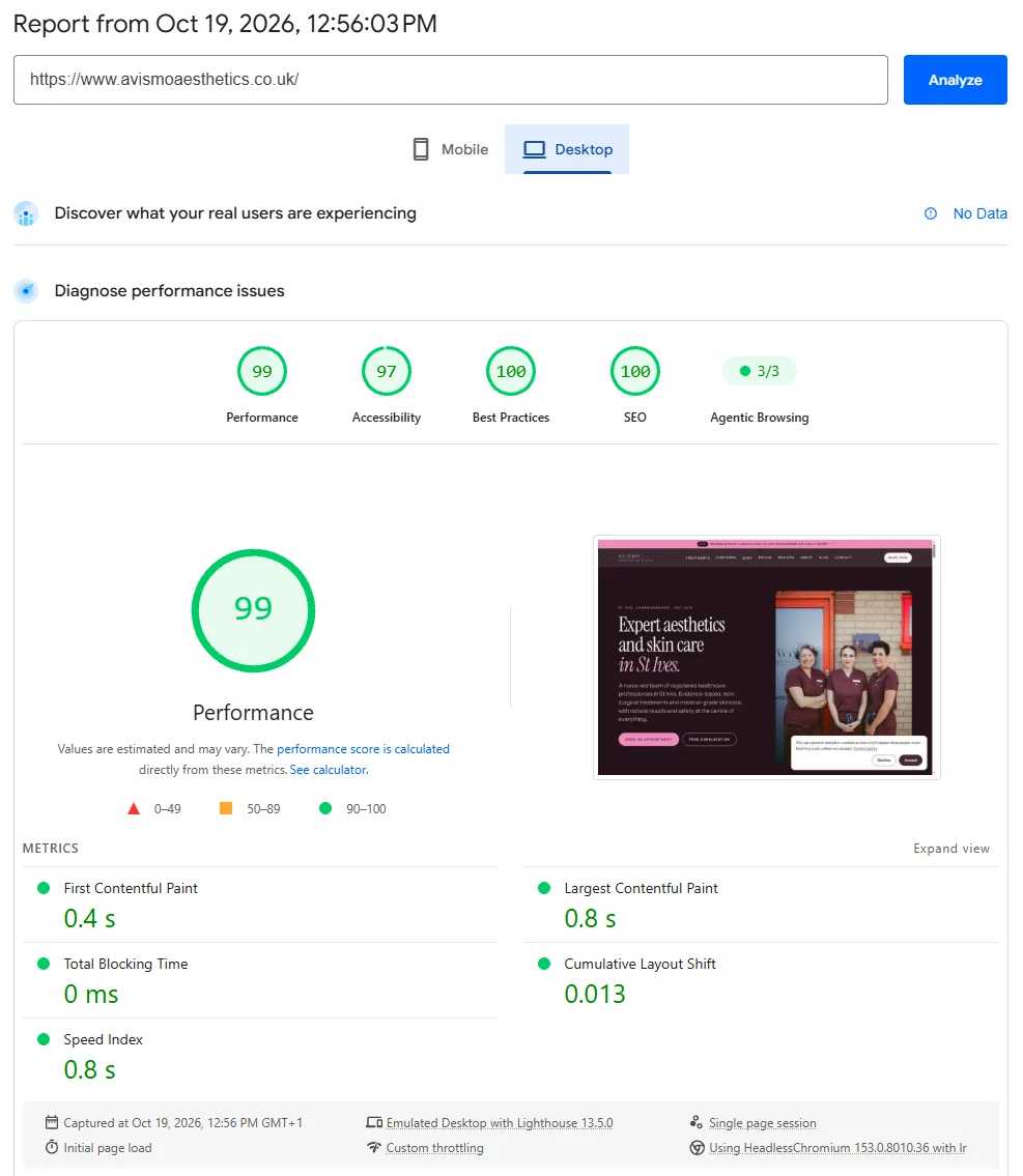 Google PageSpeed Insights desktop report for avismoaesthetics.co.uk, performance 99