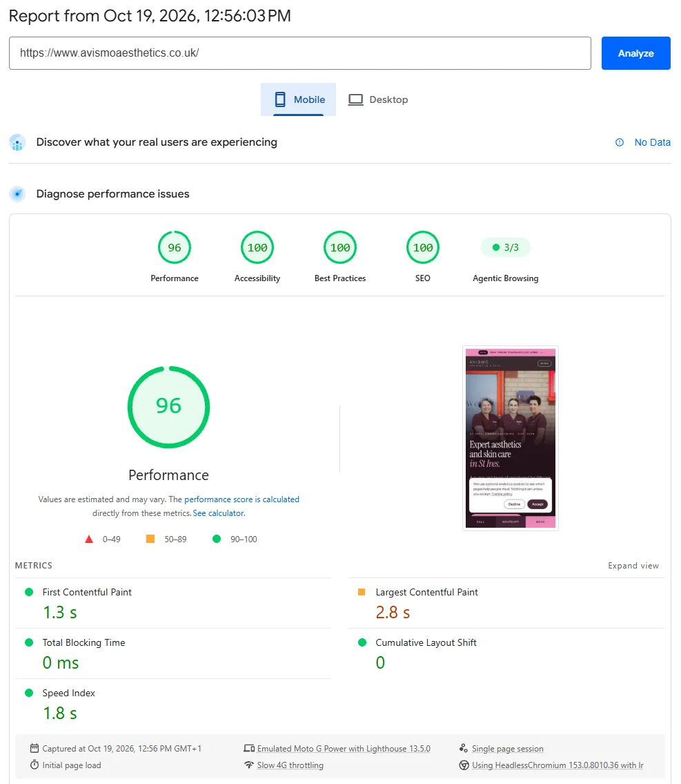 Google PageSpeed Insights mobile report for avismoaesthetics.co.uk, performance 96