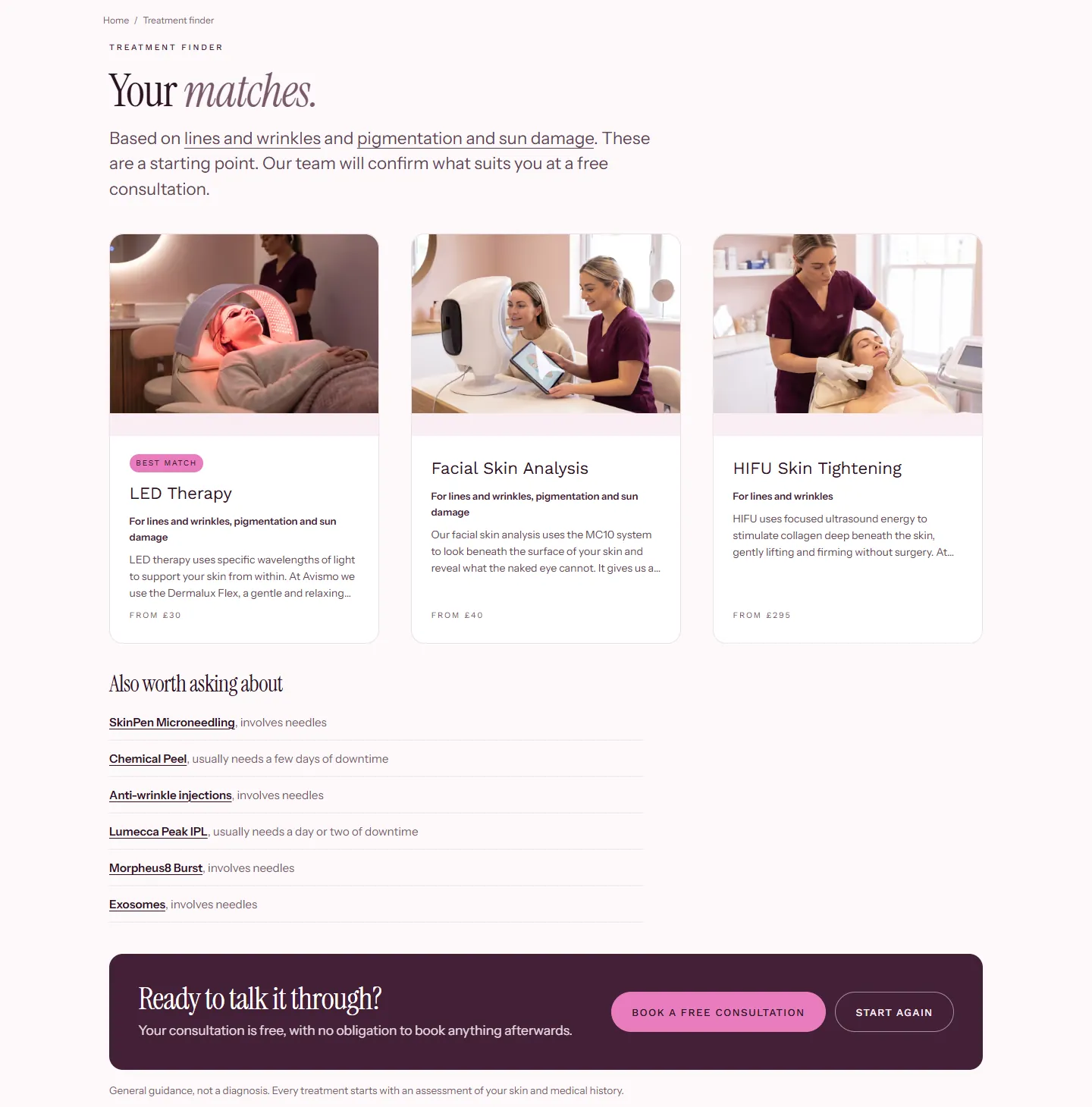 Treatment finder results for lines and wrinkles and pigmentation, no needles and no downtime: LED therapy, facial skin analysis and HIFU, then treatments worth asking about