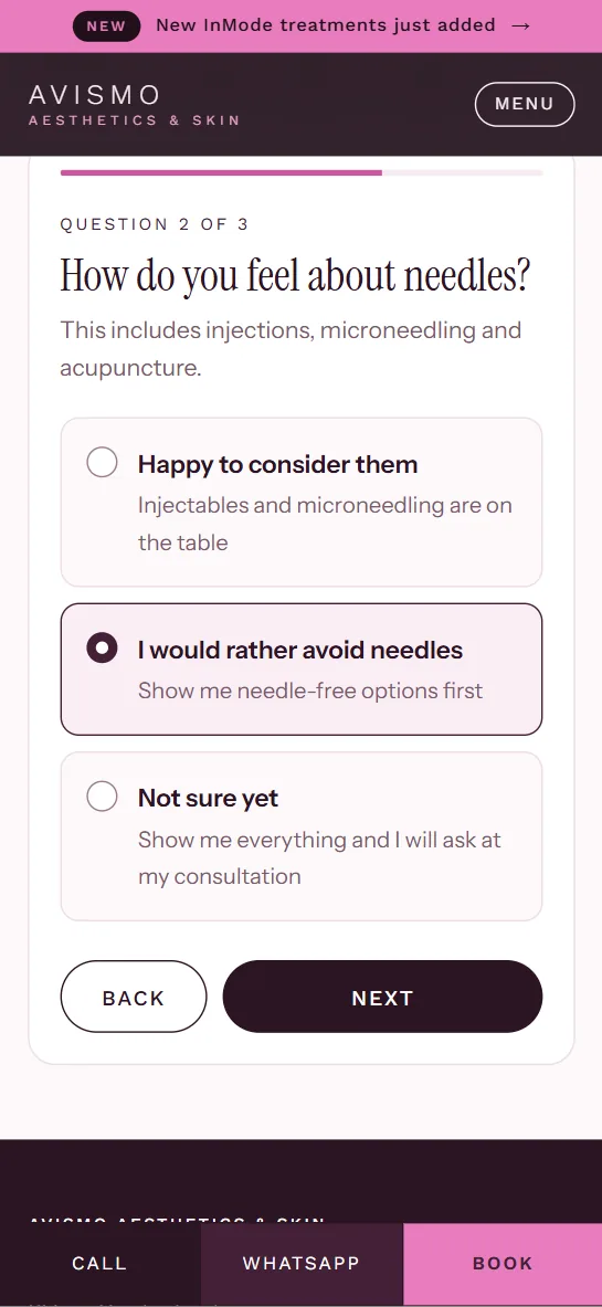 Avismo treatment finder, question 2. How do you feel about needles?