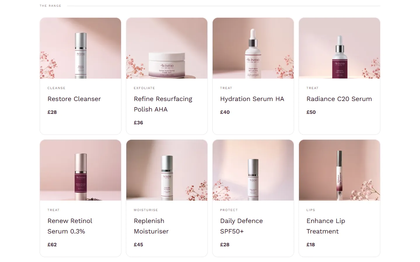 The Avismo Skin range: Restore Cleanser, Refine Resurfacing Polish, Hydration Serum, Radiance C20 Serum, Renew Retinol, Replenish Moisturiser, Daily Defence SPF50+ and Enhance Lip Treatment, each with its price
