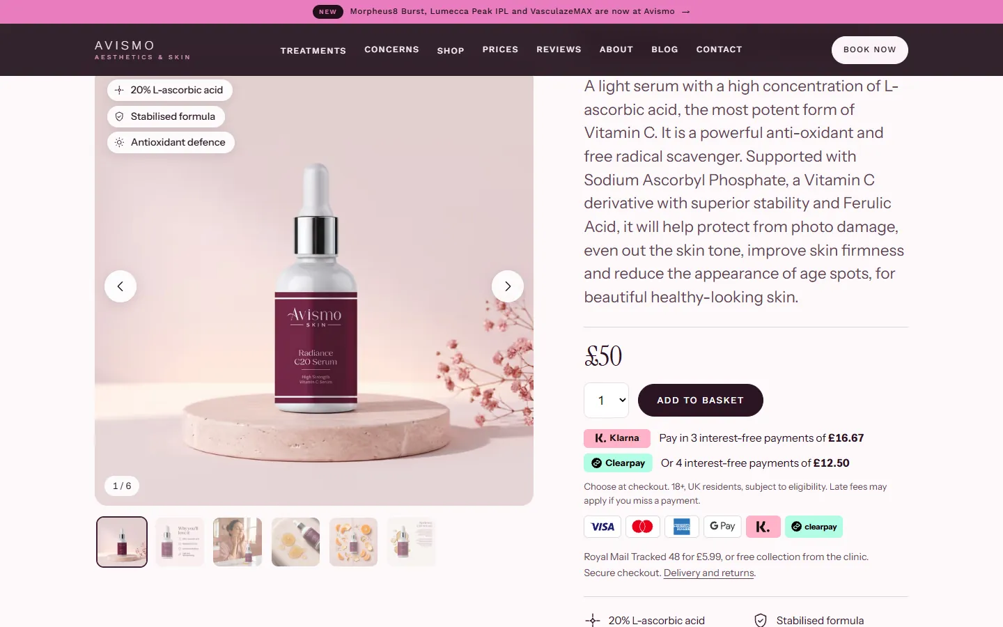 The Radiance C20 Serum product page with its photo gallery, £50 price, Add to basket button and Klarna and Clearpay options