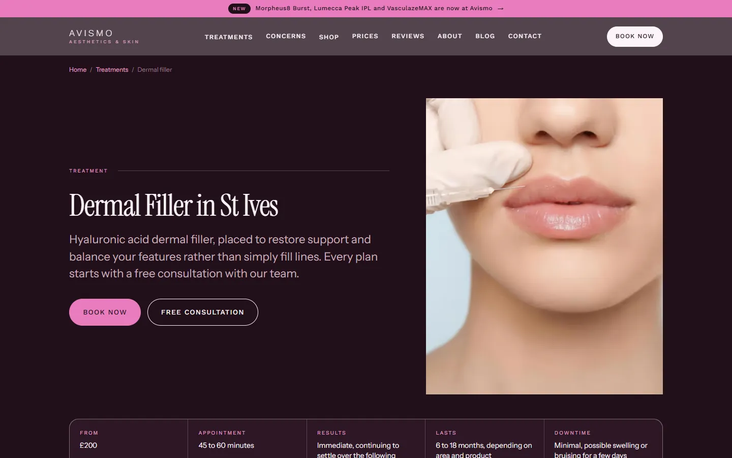 Avismo dermal filler page: Book now, on every treatment