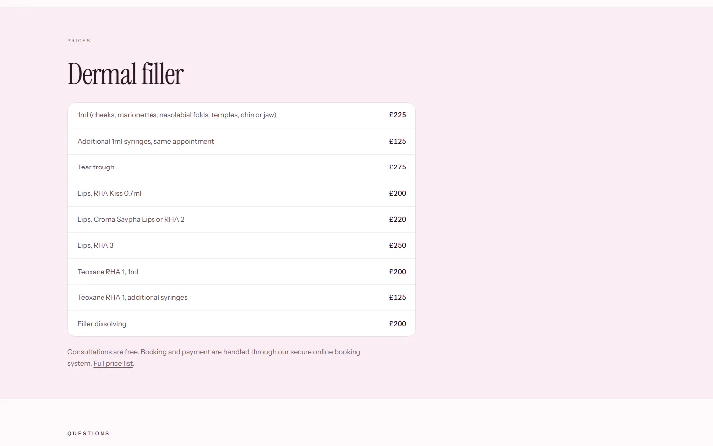 Avismo dermal filler page: Every price on the page