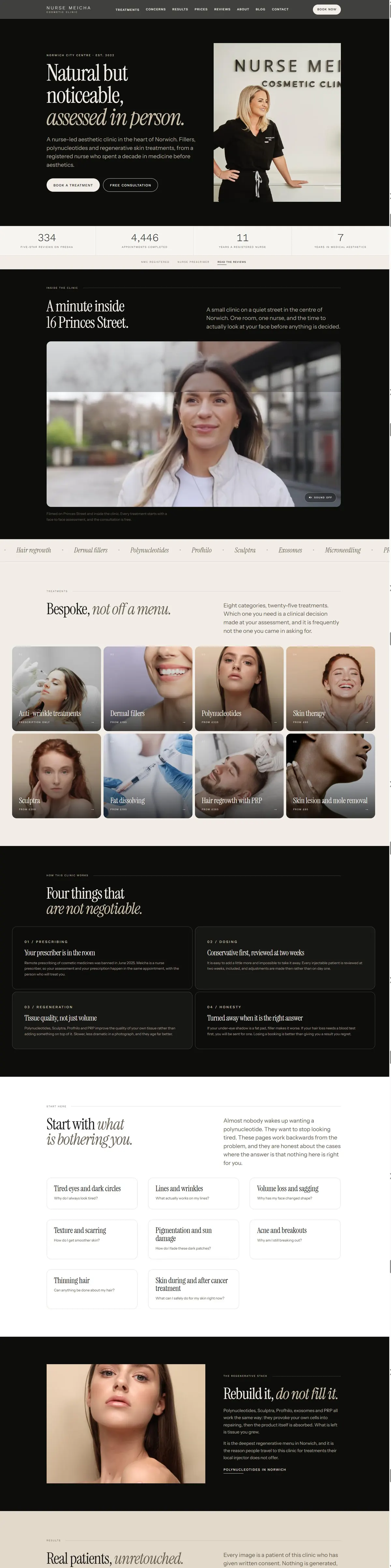 The Nurse Meicha Cosmetic Clinic website, scrolled from the top