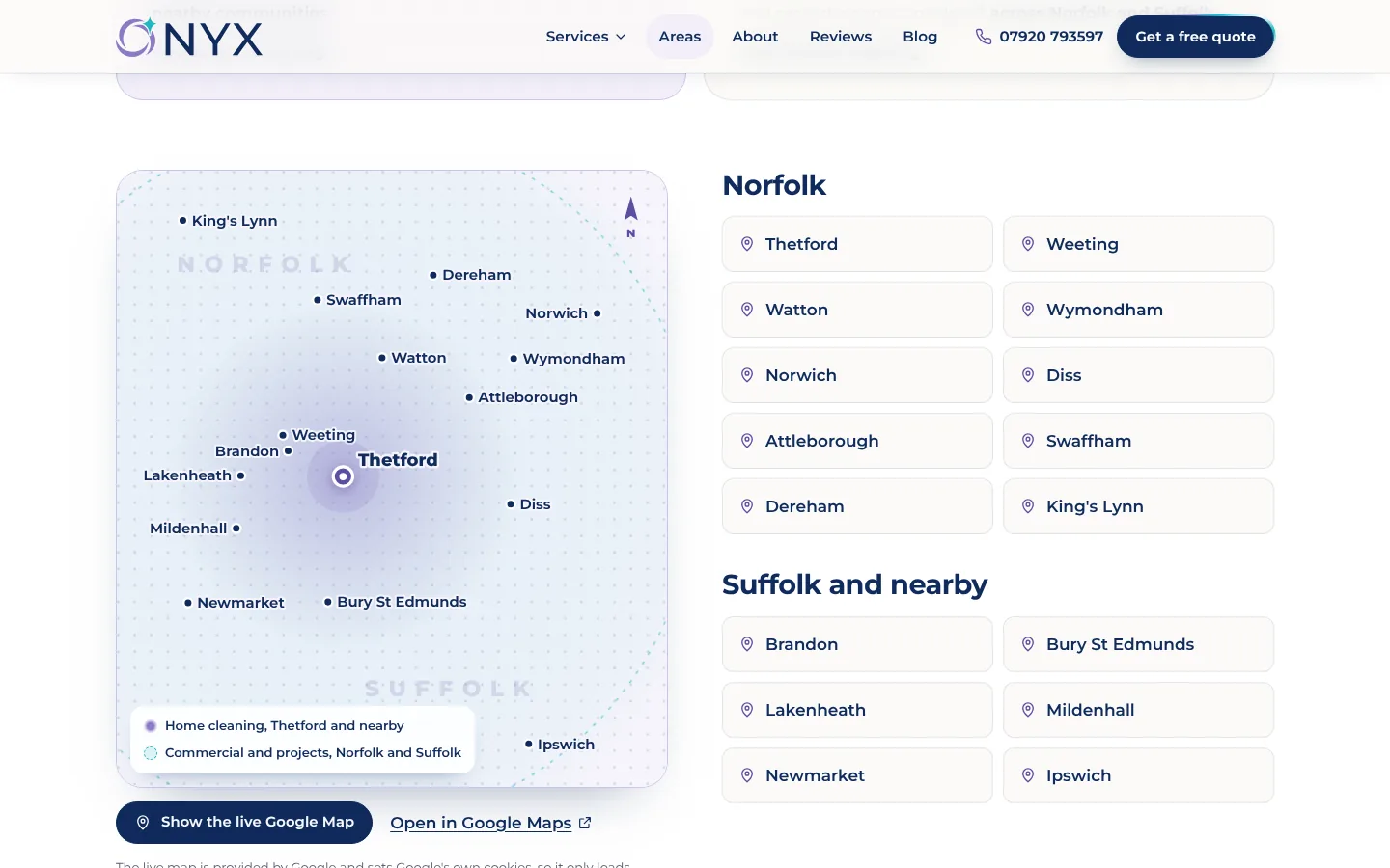 The Onyx areas page with the coverage map of Norfolk and Suffolk beside the town lists