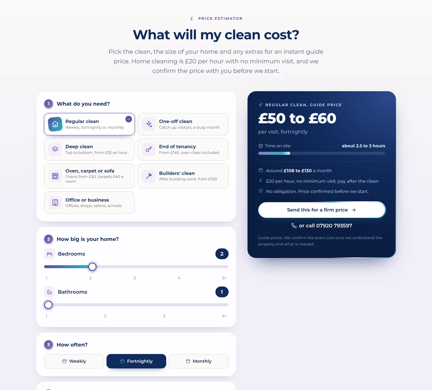 The Onyx price estimator showing a two-bed fortnightly clean at £50 to £60 a visit