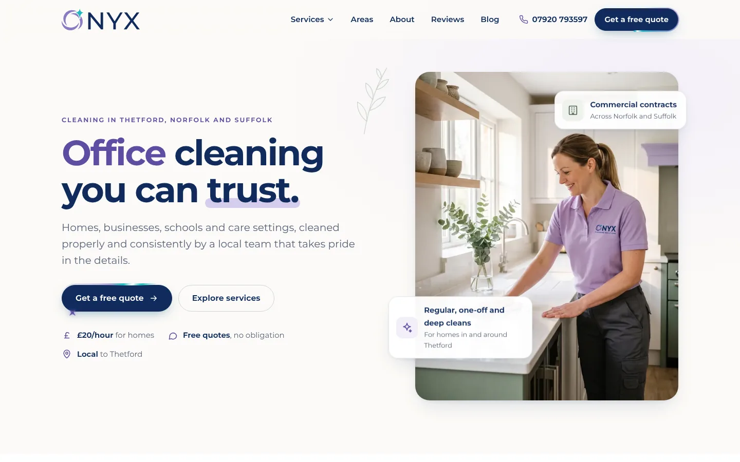 The Onyx Cleaning Solutions home page, with the rolling headline and a cleaner in the Onyx lavender polo
