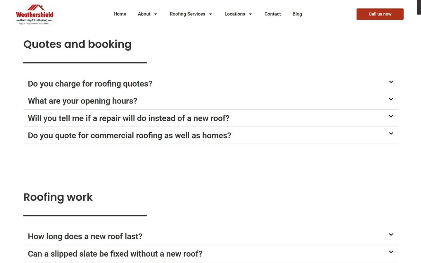 The Weathershield FAQ page, with questions grouped under Quotes and booking and Roofing work