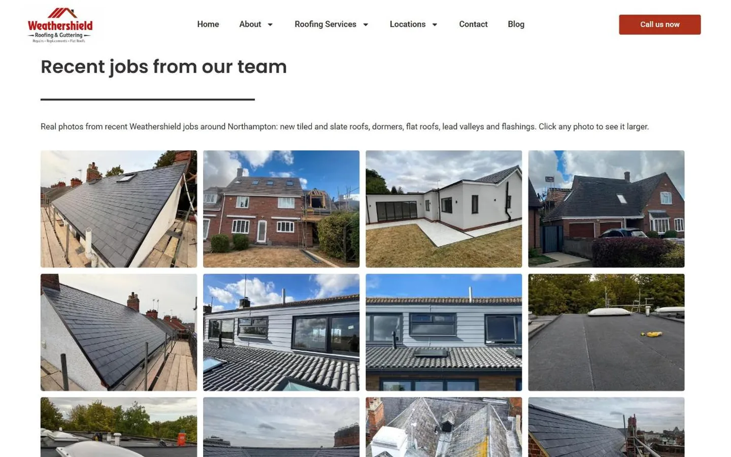 The Our Work page showing a grid of real Weathershield roofing jobs around Northampton