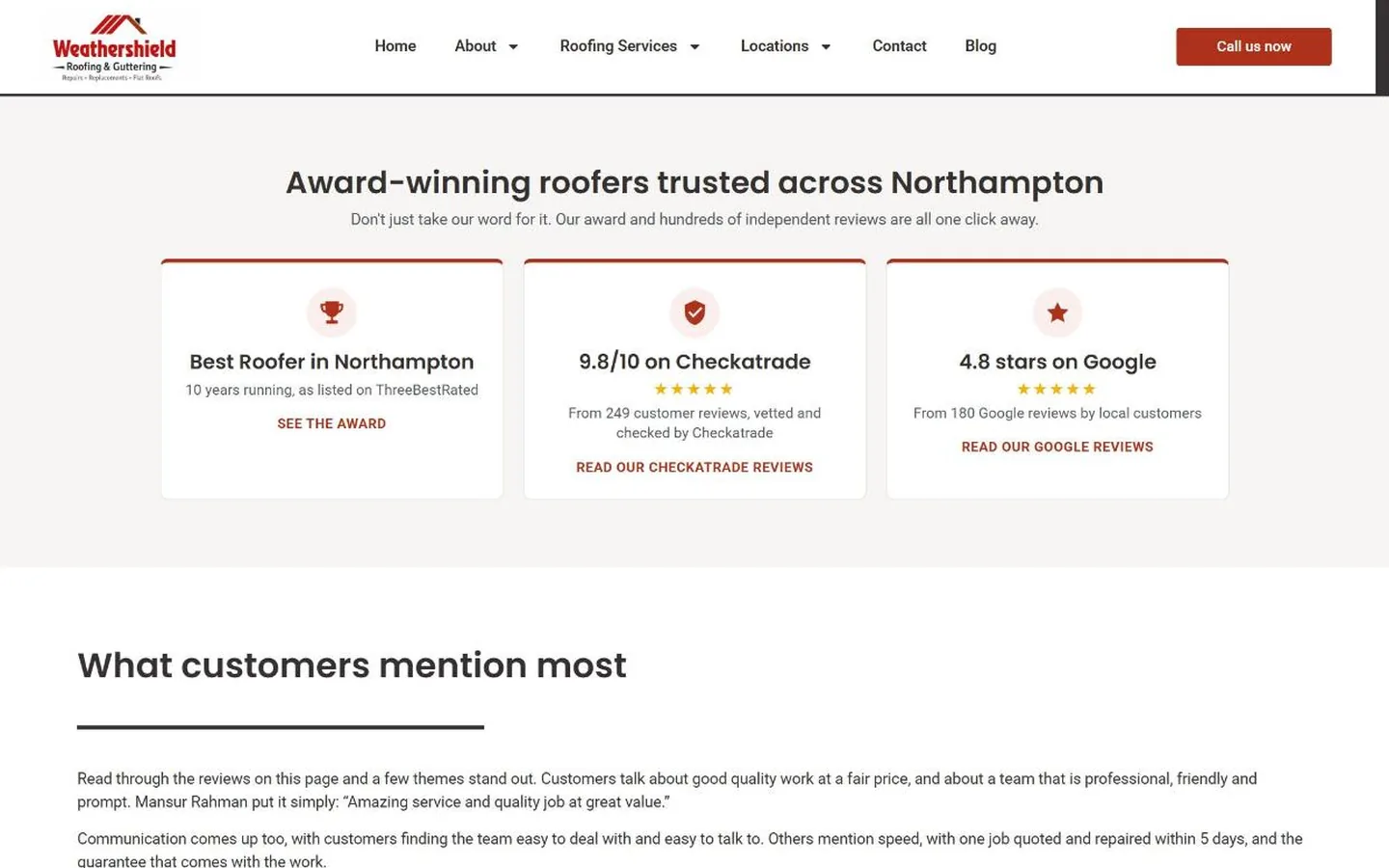 The Weathershield reviews page with cards for the ThreeBestRated award, the Checkatrade score and the Google rating