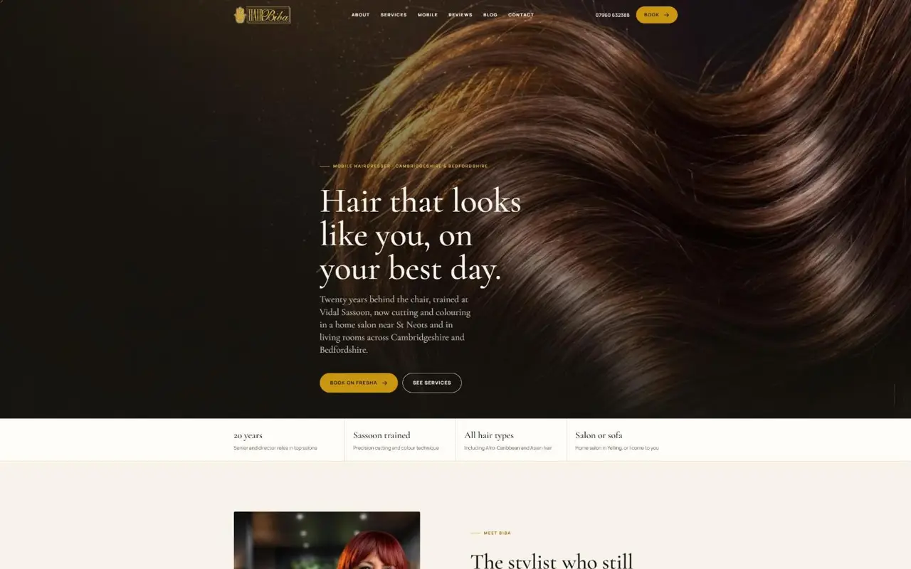 HairBiba website, Mobile hairdresser, Cambridgeshire
