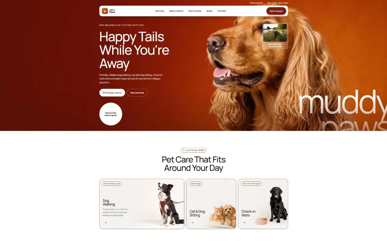 Jas & Paws website, Dog walking and pet care