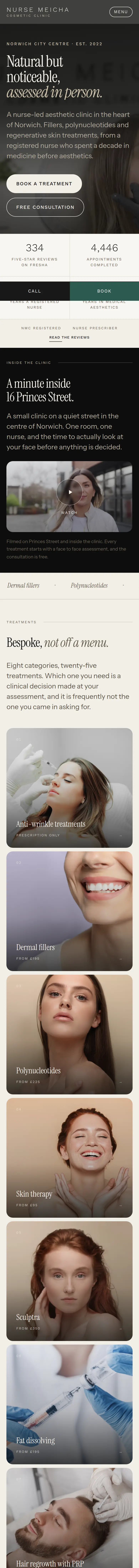 Nurse Meicha's homepage on a phone, scrolling, then a booking being made and confirmed