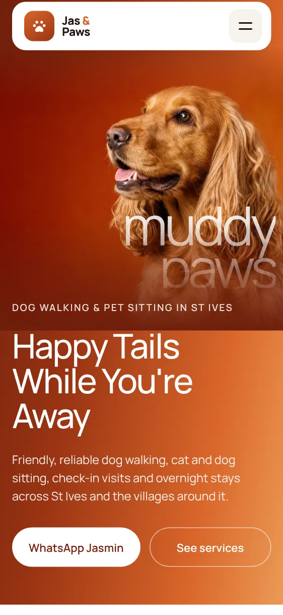 Jas & Paws website on a phone