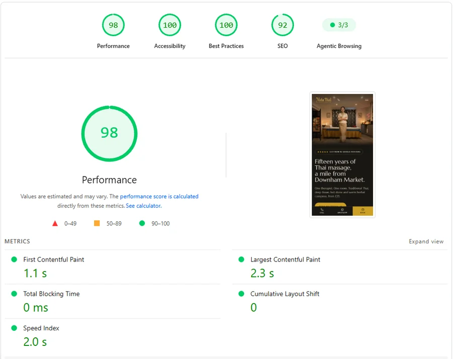 PageSpeed Insights mobile report for the new Nida Thai Massage site